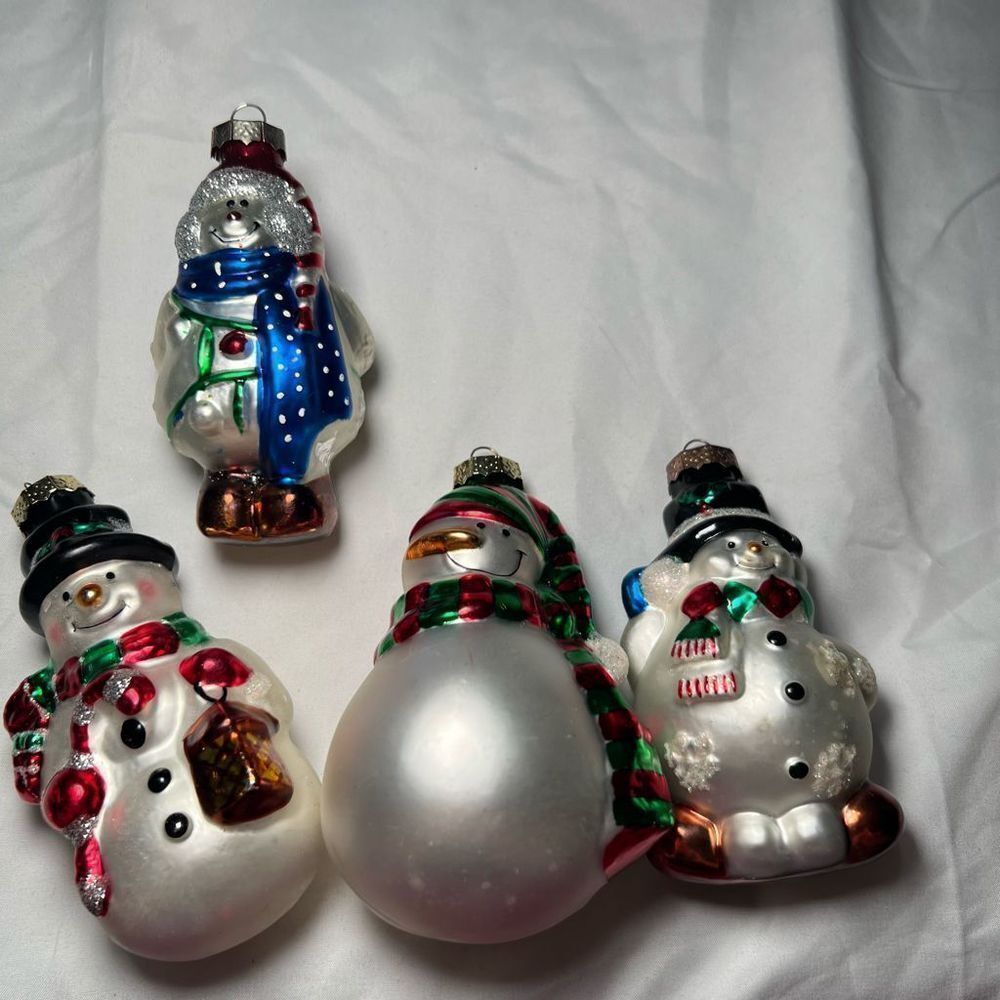 Vintage Set of 4 Blown Glass Snowman Christmas Ornaments Hand Painted
